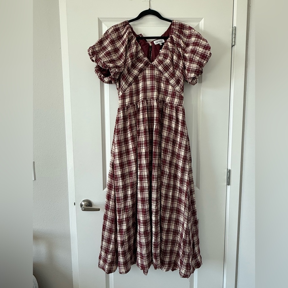 NWT En Saison Burgundy Plaid Midi Dress - Picture 3 of 8